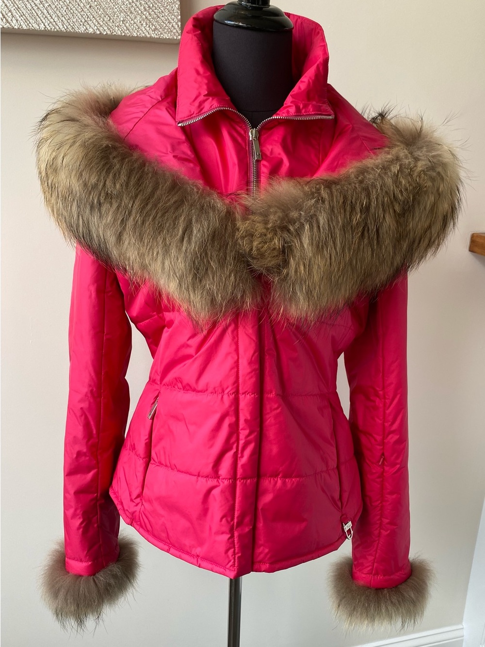 Hot Pink Fox Fur-Trim Puffer Jacket with Plush Collar